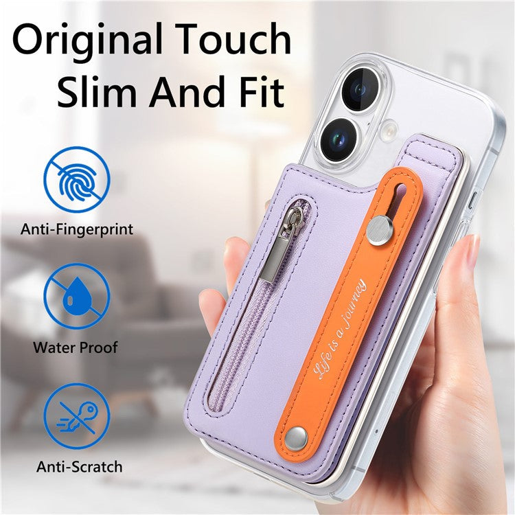 CY2 For iPhone 16 Case Wristband Leather+PC Zipper Pocket Phone Cover RFID Blocking - Purple