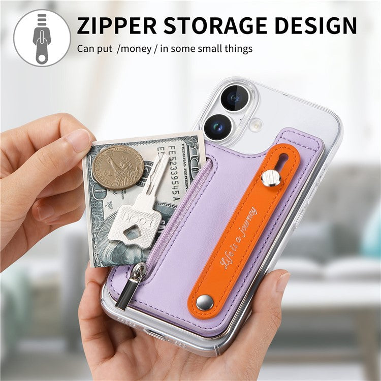 CY2 For iPhone 16 Case Wristband Leather+PC Zipper Pocket Phone Cover RFID Blocking - Purple