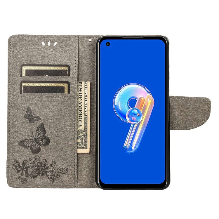 For Asus Zenfone 9 5G Magnetic Clasp PU Leather Phone Case Big Butterflies Flower Pattern Imprinting Anti-scratch Phone Cover Wallet Stand with Strap - Grey