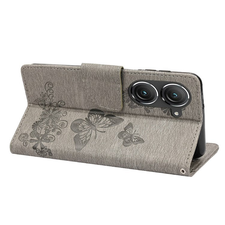 For Asus Zenfone 9 5G Magnetic Clasp PU Leather Phone Case Big Butterflies Flower Pattern Imprinting Anti-scratch Phone Cover Wallet Stand with Strap - Grey