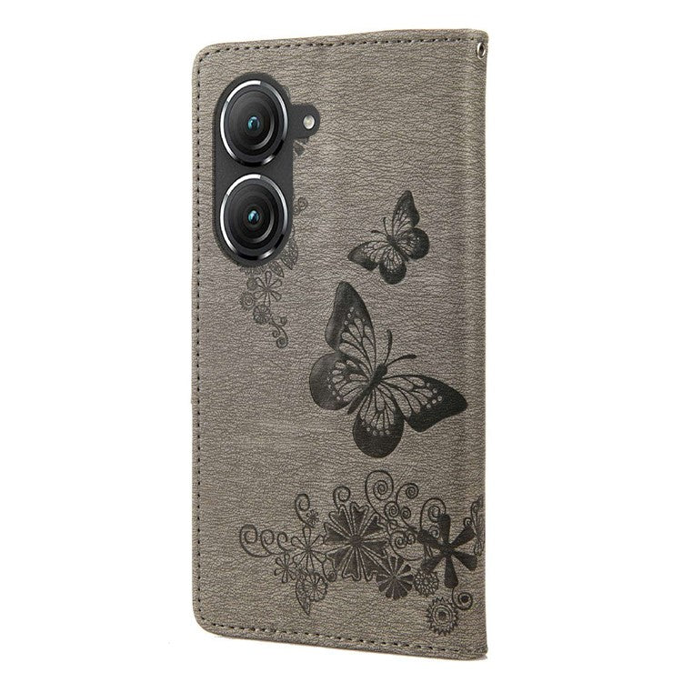 For Asus Zenfone 9 5G Magnetic Clasp PU Leather Phone Case Big Butterflies Flower Pattern Imprinting Anti-scratch Phone Cover Wallet Stand with Strap - Grey
