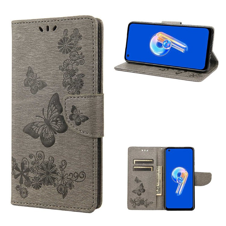 For Asus Zenfone 9 5G Magnetic Clasp PU Leather Phone Case Big Butterflies Flower Pattern Imprinting Anti-scratch Phone Cover Wallet Stand with Strap - Grey