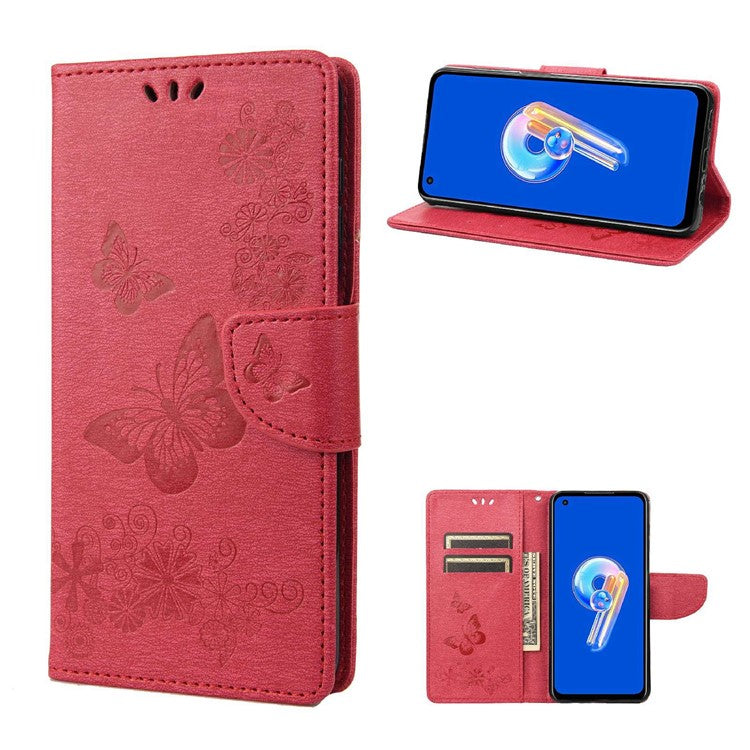 For Asus Zenfone 9 5G Magnetic Clasp PU Leather Phone Case Big Butterflies Flower Pattern Imprinting Anti-scratch Phone Cover Wallet Stand with Strap - Red