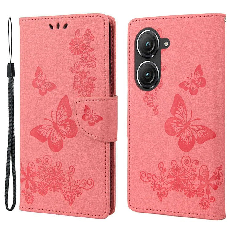 For Asus Zenfone 9 5G Magnetic Clasp PU Leather Phone Case Big Butterflies Flower Pattern Imprinting Anti-scratch Phone Cover Wallet Stand with Strap - Pink