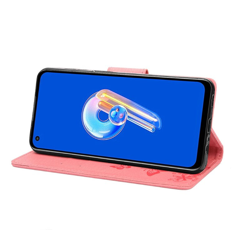 For Asus Zenfone 9 5G Magnetic Clasp PU Leather Phone Case Big Butterflies Flower Pattern Imprinting Anti-scratch Phone Cover Wallet Stand with Strap - Pink