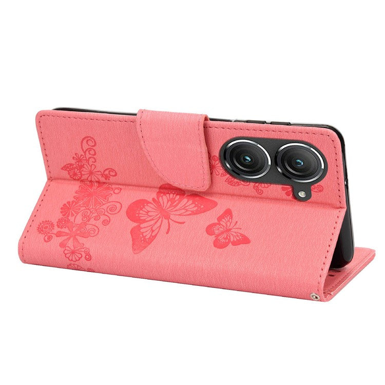 For Asus Zenfone 9 5G Magnetic Clasp PU Leather Phone Case Big Butterflies Flower Pattern Imprinting Anti-scratch Phone Cover Wallet Stand with Strap - Pink