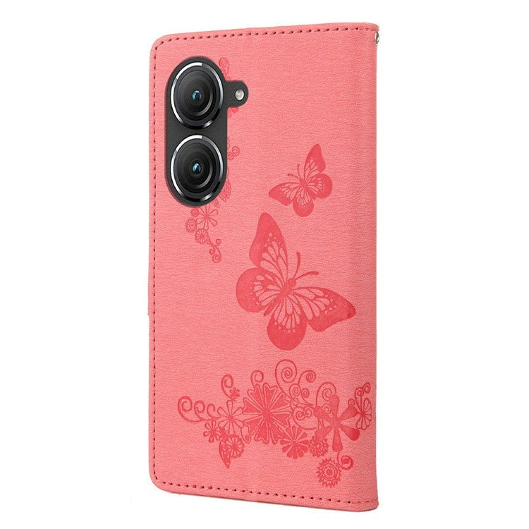 For Asus Zenfone 9 5G Magnetic Clasp PU Leather Phone Case Big Butterflies Flower Pattern Imprinting Anti-scratch Phone Cover Wallet Stand with Strap - Pink