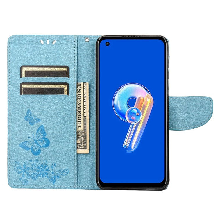 For Asus Zenfone 9 5G Magnetic Clasp PU Leather Phone Case Big Butterflies Flower Pattern Imprinting Anti-scratch Phone Cover Wallet Stand with Strap - Blue