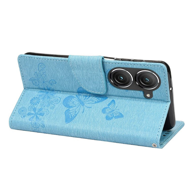 For Asus Zenfone 9 5G Magnetic Clasp PU Leather Phone Case Big Butterflies Flower Pattern Imprinting Anti-scratch Phone Cover Wallet Stand with Strap - Blue