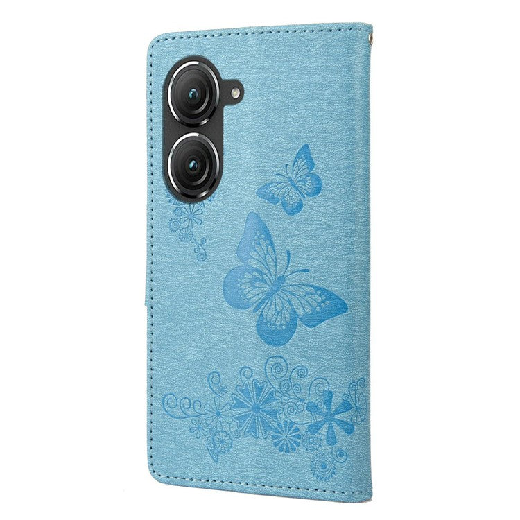 For Asus Zenfone 9 5G Magnetic Clasp PU Leather Phone Case Big Butterflies Flower Pattern Imprinting Anti-scratch Phone Cover Wallet Stand with Strap - Blue