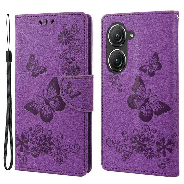 For Asus Zenfone 9 5G Magnetic Clasp PU Leather Phone Case Big Butterflies Flower Pattern Imprinting Anti-scratch Phone Cover Wallet Stand with Strap - Purple