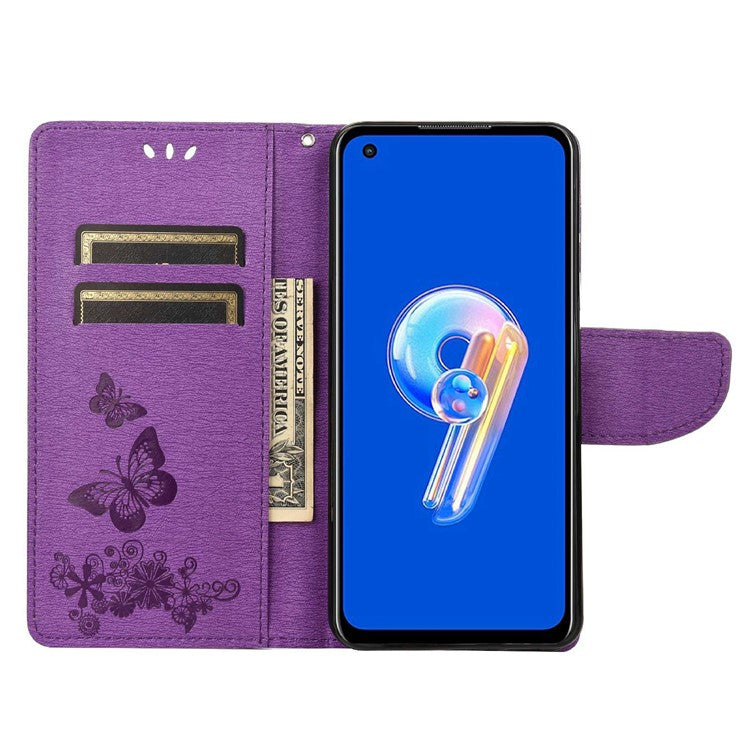 For Asus Zenfone 9 5G Magnetic Clasp PU Leather Phone Case Big Butterflies Flower Pattern Imprinting Anti-scratch Phone Cover Wallet Stand with Strap - Purple