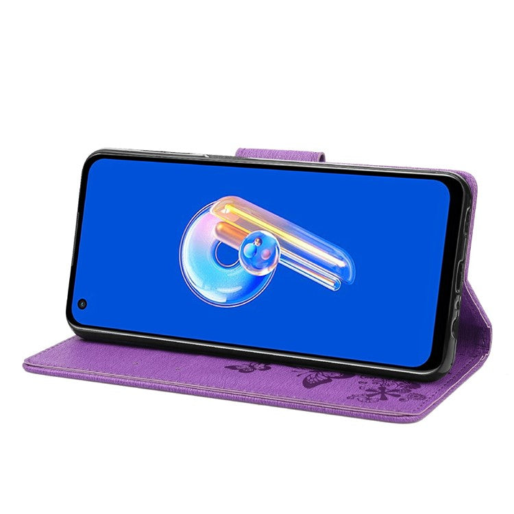 For Asus Zenfone 9 5G Magnetic Clasp PU Leather Phone Case Big Butterflies Flower Pattern Imprinting Anti-scratch Phone Cover Wallet Stand with Strap - Purple