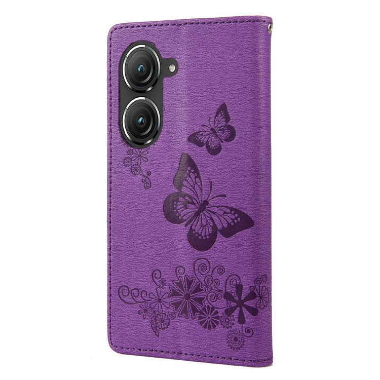 For Asus Zenfone 9 5G Magnetic Clasp PU Leather Phone Case Big Butterflies Flower Pattern Imprinting Anti-scratch Phone Cover Wallet Stand with Strap - Purple