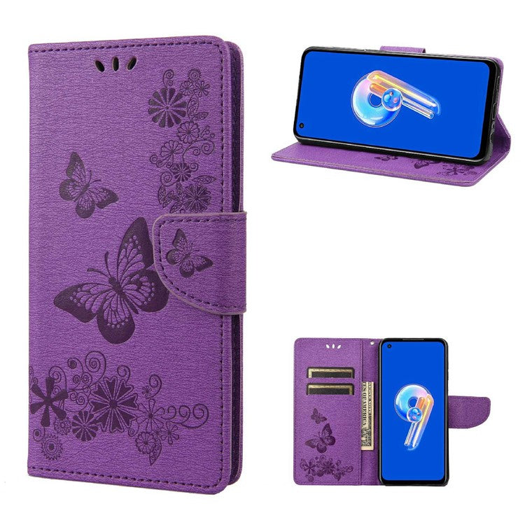 For Asus Zenfone 9 5G Magnetic Clasp PU Leather Phone Case Big Butterflies Flower Pattern Imprinting Anti-scratch Phone Cover Wallet Stand with Strap - Purple