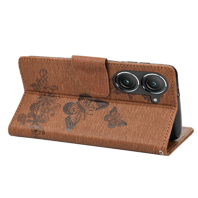 For Asus Zenfone 9 5G Magnetic Clasp PU Leather Phone Case Big Butterflies Flower Pattern Imprinting Anti-scratch Phone Cover Wallet Stand with Strap - Brown