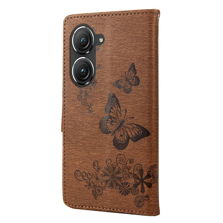 For Asus Zenfone 9 5G Magnetic Clasp PU Leather Phone Case Big Butterflies Flower Pattern Imprinting Anti-scratch Phone Cover Wallet Stand with Strap - Brown