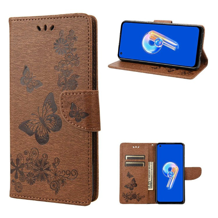 For Asus Zenfone 9 5G Magnetic Clasp PU Leather Phone Case Big Butterflies Flower Pattern Imprinting Anti-scratch Phone Cover Wallet Stand with Strap - Brown