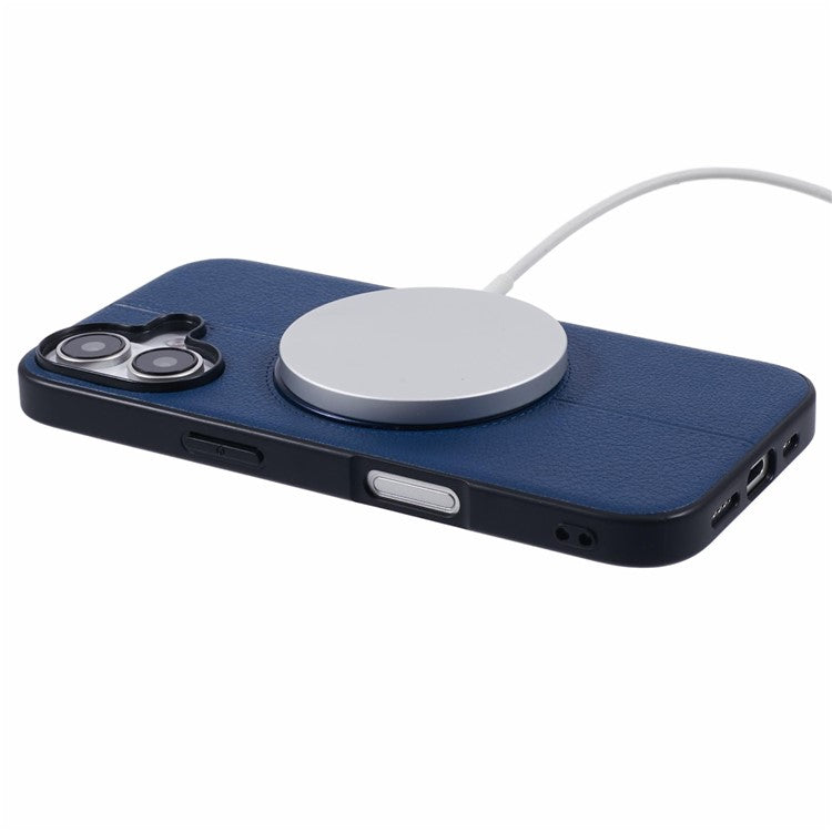 KIGC For iPhone 16 Case Compatible with MagSafe Litchi Texture Leather Coated PC+TPU Phone Cover - Blue