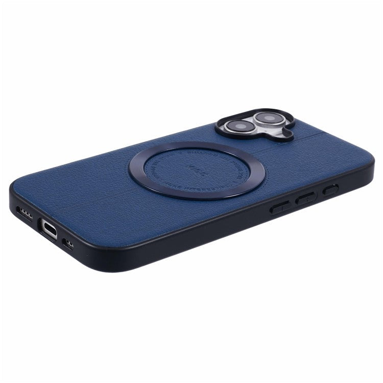 KIGC For iPhone 16 Case Compatible with MagSafe Litchi Texture Leather Coated PC+TPU Phone Cover - Blue