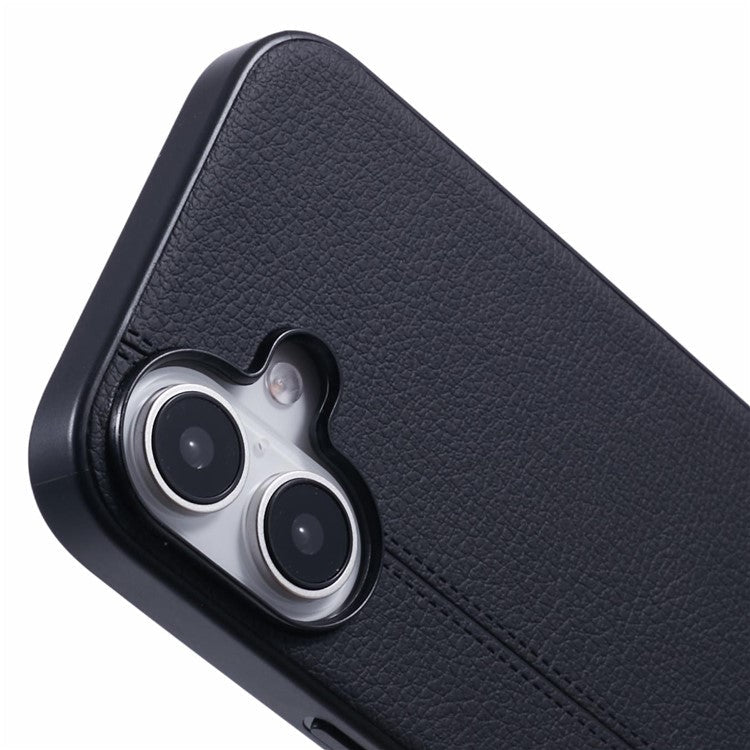 KIGC For iPhone 16 Case Litchi Texture Leather Coated PC+TPU Phone Cover - Black