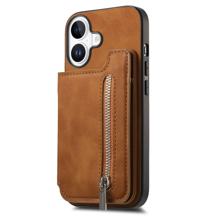 For iPhone 16 Plus Case Magnetic Detachable Zipper Card Holder Leather+TPU Phone Cover - Brown