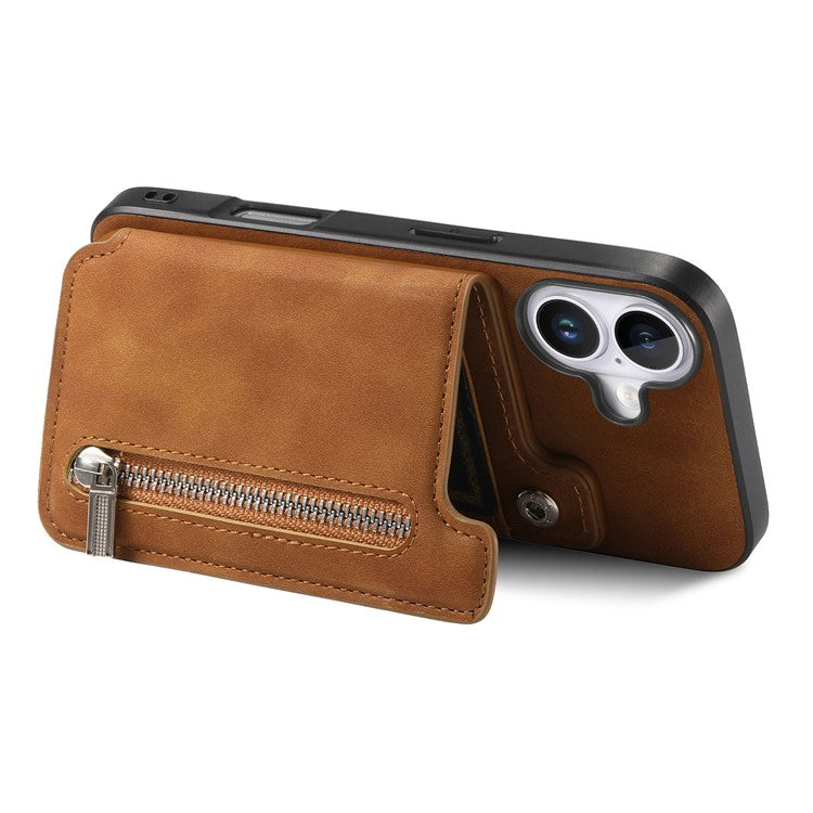For iPhone 16 Plus Case Magnetic Detachable Zipper Card Holder Leather+TPU Phone Cover - Brown