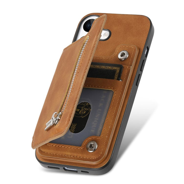 For iPhone 16 Plus Case Magnetic Detachable Zipper Card Holder Leather+TPU Phone Cover - Brown