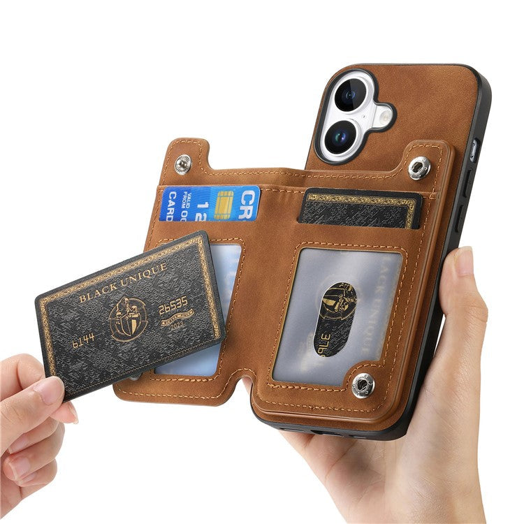 For iPhone 16 Plus Case Magnetic Detachable Zipper Card Holder Leather+TPU Phone Cover - Brown