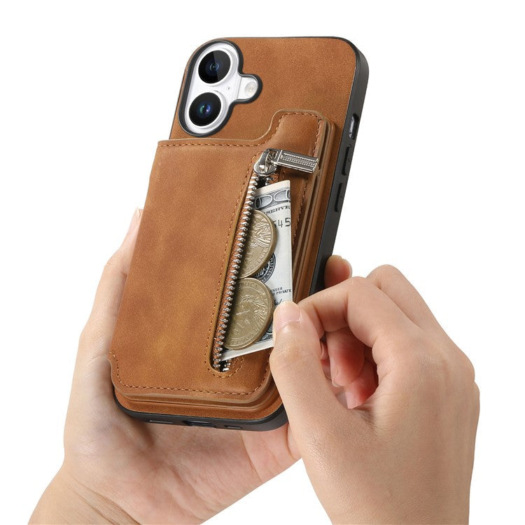 For iPhone 16 Plus Case Magnetic Detachable Zipper Card Holder Leather+TPU Phone Cover - Brown