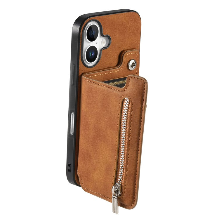 For iPhone 16 Plus Case Magnetic Detachable Zipper Card Holder Leather+TPU Phone Cover - Brown