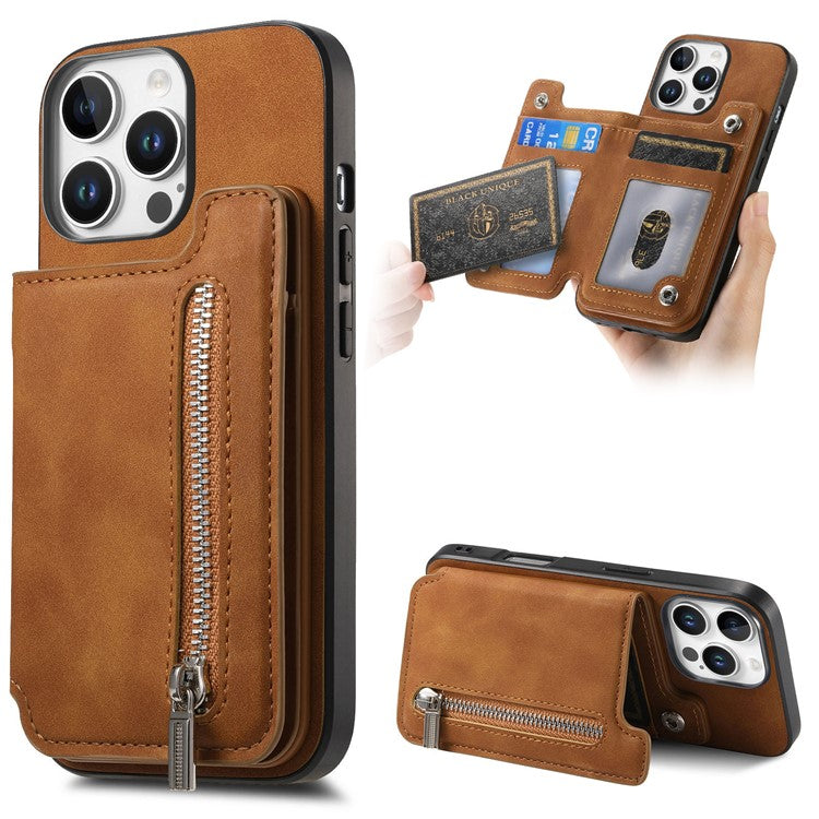 For iPhone 16 Pro Case Magnetic Detachable Zipper Card Holder Leather+TPU Phone Cover - Brown