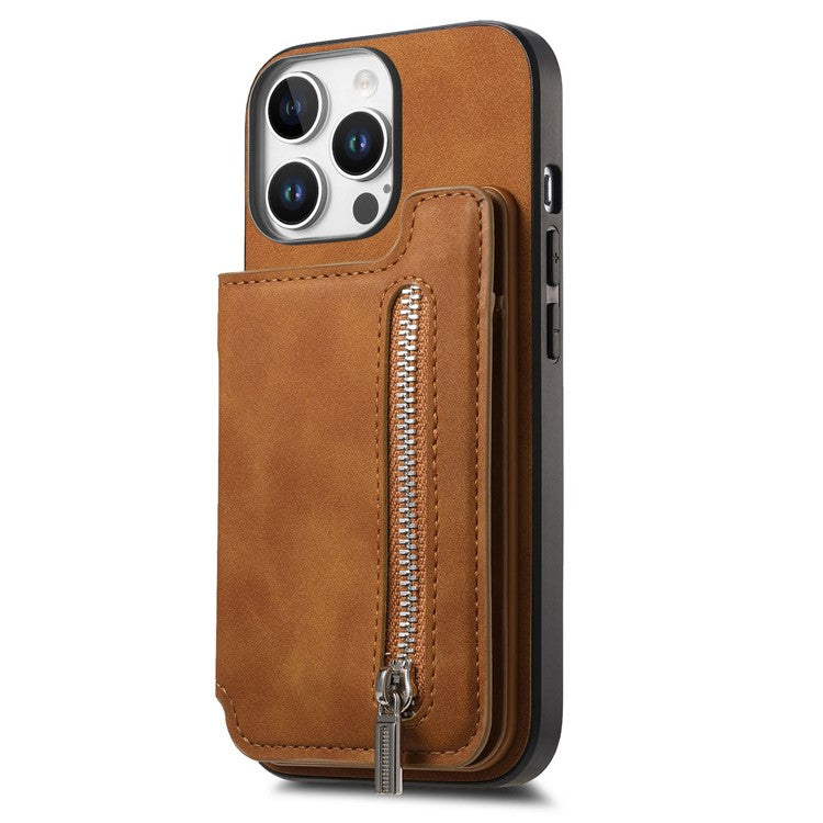 For iPhone 16 Pro Case Magnetic Detachable Zipper Card Holder Leather+TPU Phone Cover - Brown
