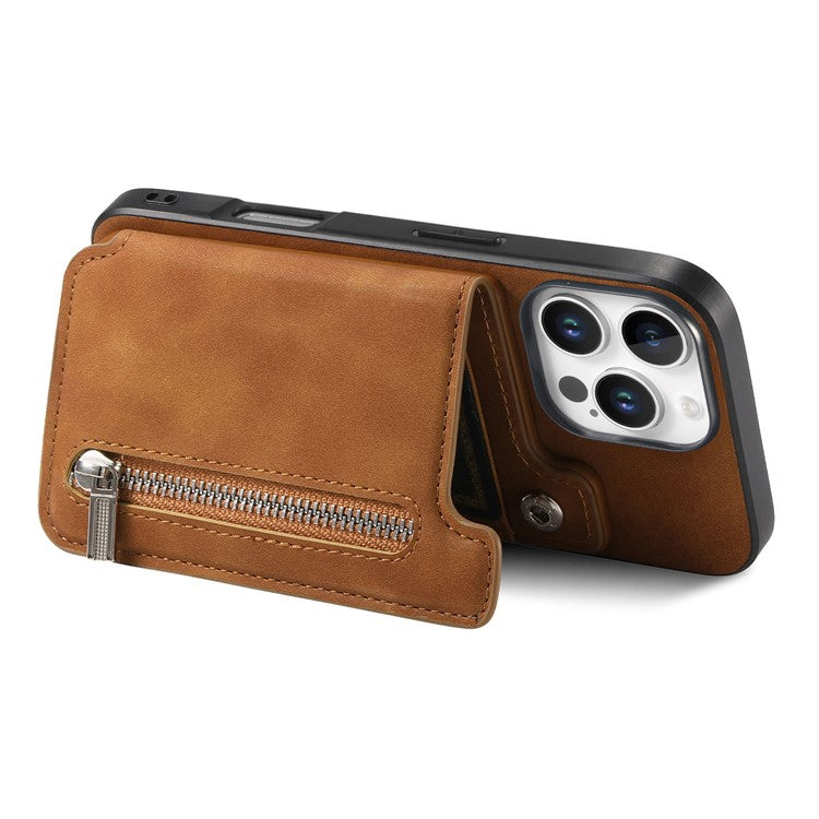 For iPhone 16 Pro Case Magnetic Detachable Zipper Card Holder Leather+TPU Phone Cover - Brown