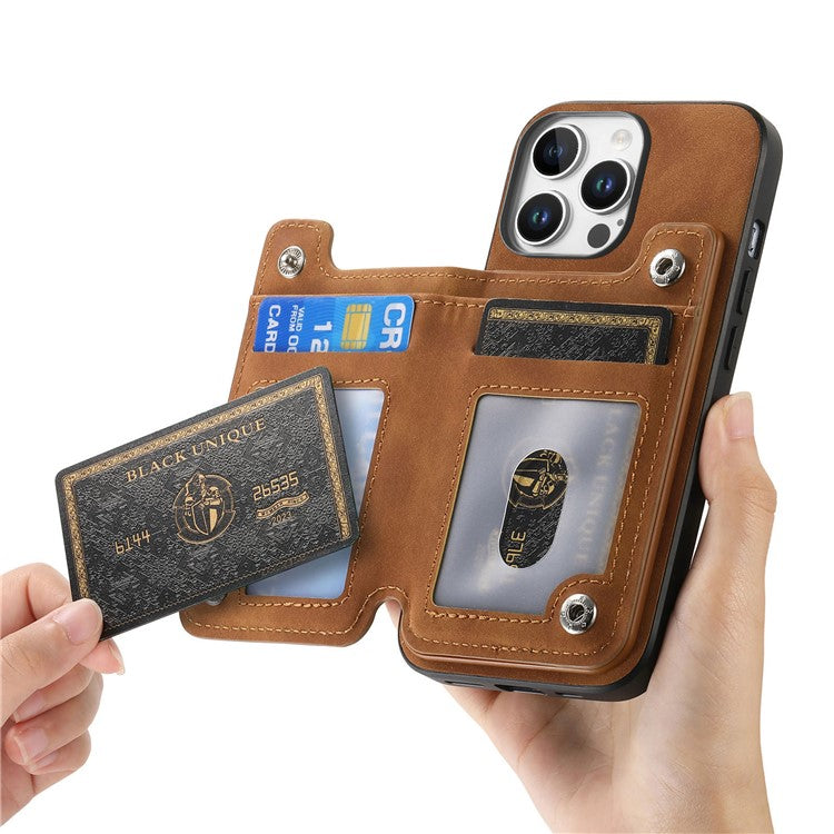 For iPhone 16 Pro Case Magnetic Detachable Zipper Card Holder Leather+TPU Phone Cover - Brown