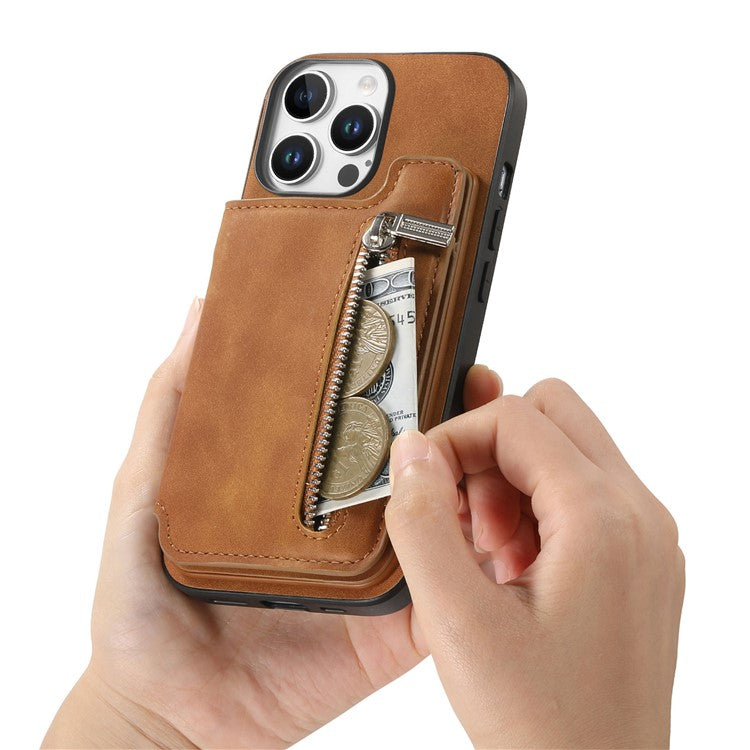 For iPhone 16 Pro Case Magnetic Detachable Zipper Card Holder Leather+TPU Phone Cover - Brown