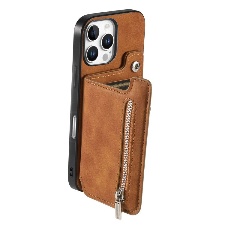 For iPhone 16 Pro Case Magnetic Detachable Zipper Card Holder Leather+TPU Phone Cover - Brown