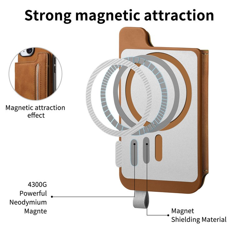 For iPhone 16 Pro Case Magnetic Detachable Zipper Card Holder Leather+TPU Phone Cover - Brown