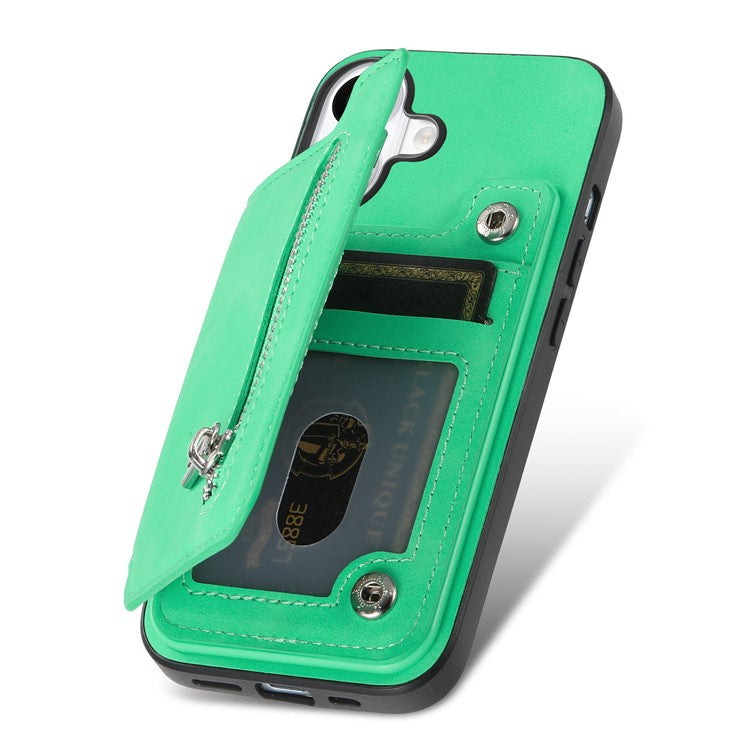 For iPhone 16 Case Magnetic Detachable Zipper Card Holder Leather+TPU Phone Cover - Green
