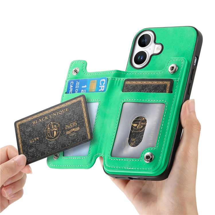 For iPhone 16 Case Magnetic Detachable Zipper Card Holder Leather+TPU Phone Cover - Green