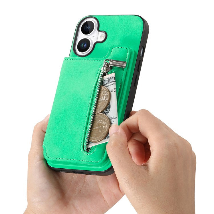 For iPhone 16 Case Magnetic Detachable Zipper Card Holder Leather+TPU Phone Cover - Green
