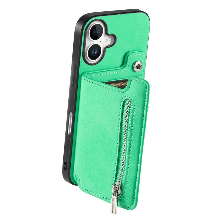 For iPhone 16 Case Magnetic Detachable Zipper Card Holder Leather+TPU Phone Cover - Green