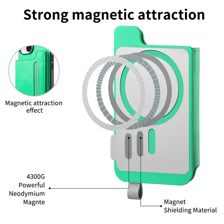For iPhone 16 Case Magnetic Detachable Zipper Card Holder Leather+TPU Phone Cover - Green