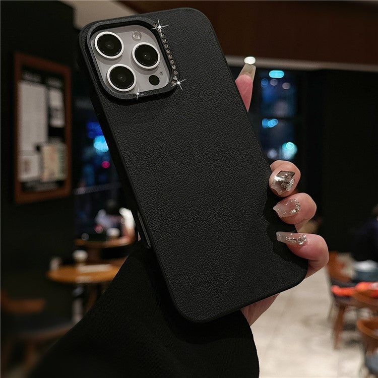 For iPhone 16 Pro Case Rhinestone Decor Lens Frame Leather+PC Phone Cover - Black