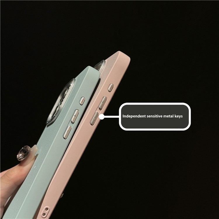 For iPhone 16 Pro Case Rhinestone Decor Lens Frame Leather+PC Phone Cover - Black