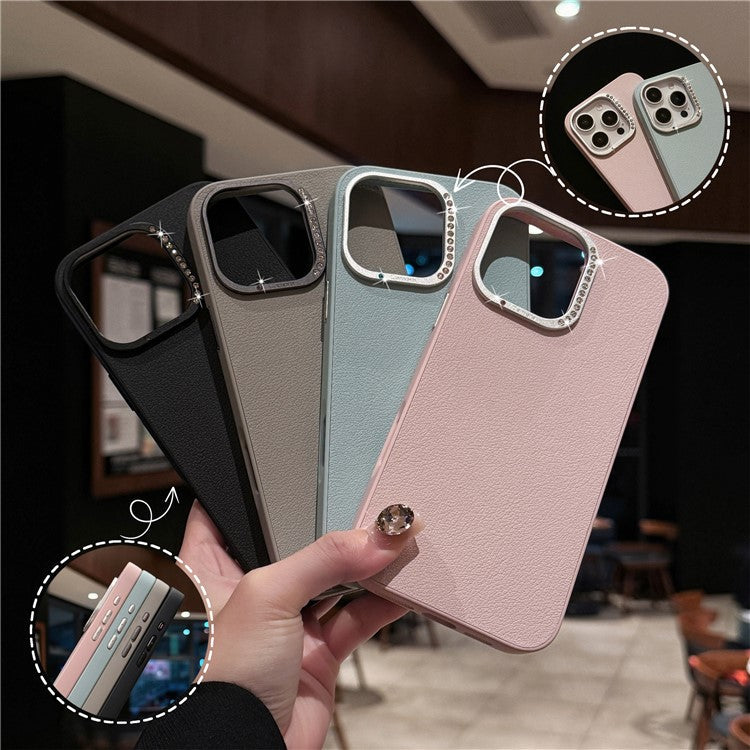 For iPhone 16 Pro Case Rhinestone Decor Lens Frame Leather+PC Phone Cover - Black