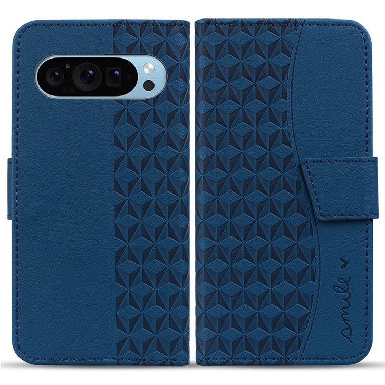 For Google Pixel 9 / Pixel 9 Pro Case Rhombus Pattern Leather Wallet Phone Cover - Sapphire