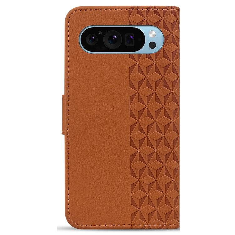 For Google Pixel 9 / Pixel 9 Pro Case Rhombus Pattern Leather Wallet Phone Cover - Brown