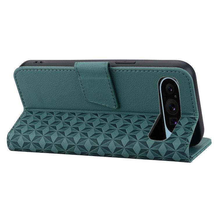 For Google Pixel 9 / Pixel 9 Pro Case Rhombus Pattern Leather Wallet Phone Cover - Green
