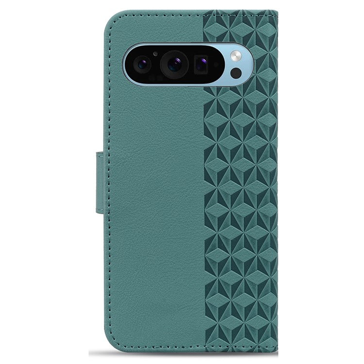 For Google Pixel 9 / Pixel 9 Pro Case Rhombus Pattern Leather Wallet Phone Cover - Green